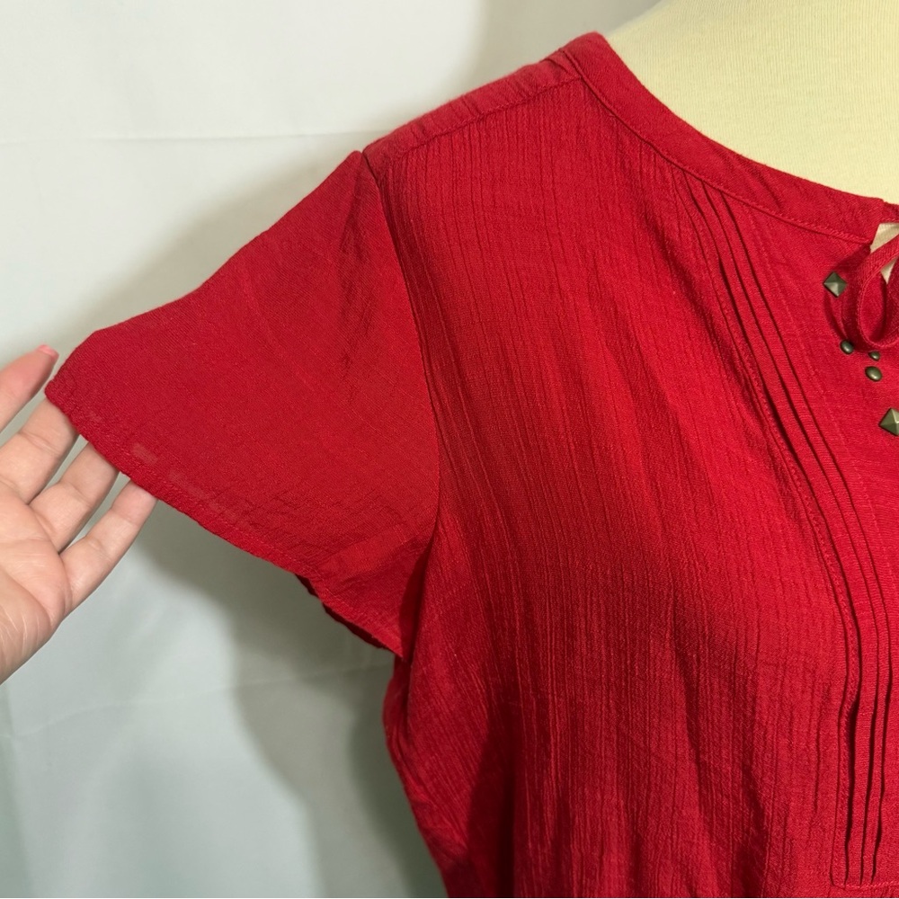 Liz Claiborne Size Large Red Short Sleeve Tie Front Blouse - Picture 9 of 12